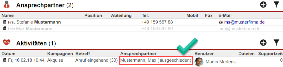 Screenshot Bereiche "Ansprechpartner" und "Aktivitäten" eines Kundendatensatzes mit verschiedenen Markierungen