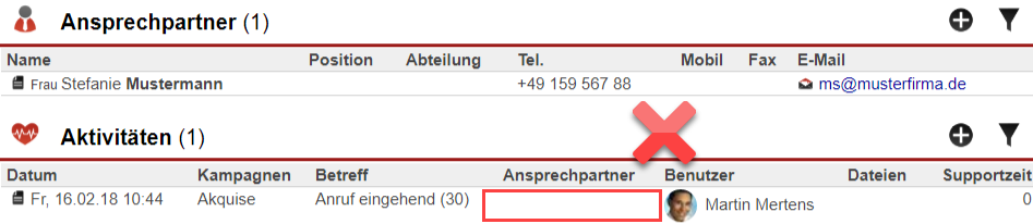 Screenshot Bereiche "Ansprechpartner" und "Aktivitäten" eines Kundendatensatzes mit verschiedenen Markierungen