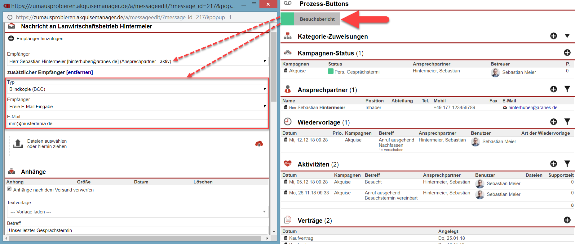 Screenshot E-Mail-Fenster, das durch einen Prozess-Button geöffnet wurde mit verschiedenen Markierungen