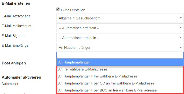 Screenshot Einstellungsmaske eine Prozess-Buttons mit markierten Einstellungen für den automatischen E-Mail-Versand