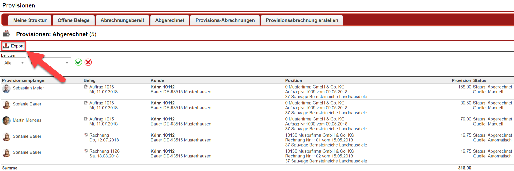 Screenshot der Übersichtsmaske "Abgerechnet" im Provisionsbereich von Fakturex mit Markierung des Export-Buttons