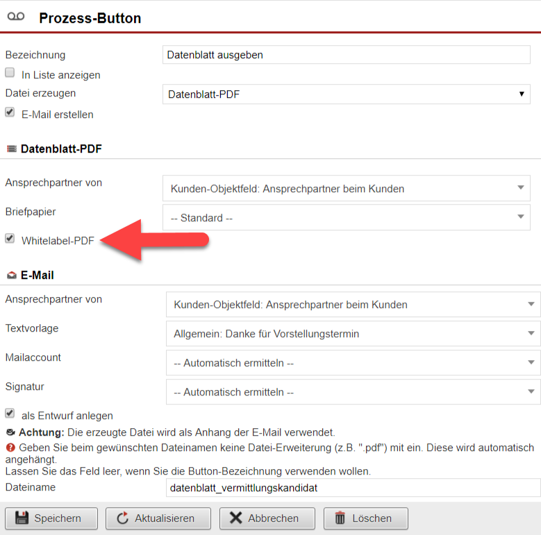 Screenshot Einstellungsbereich eines Objekt-Prozess-Buttons mit Markierung der White Label-Option