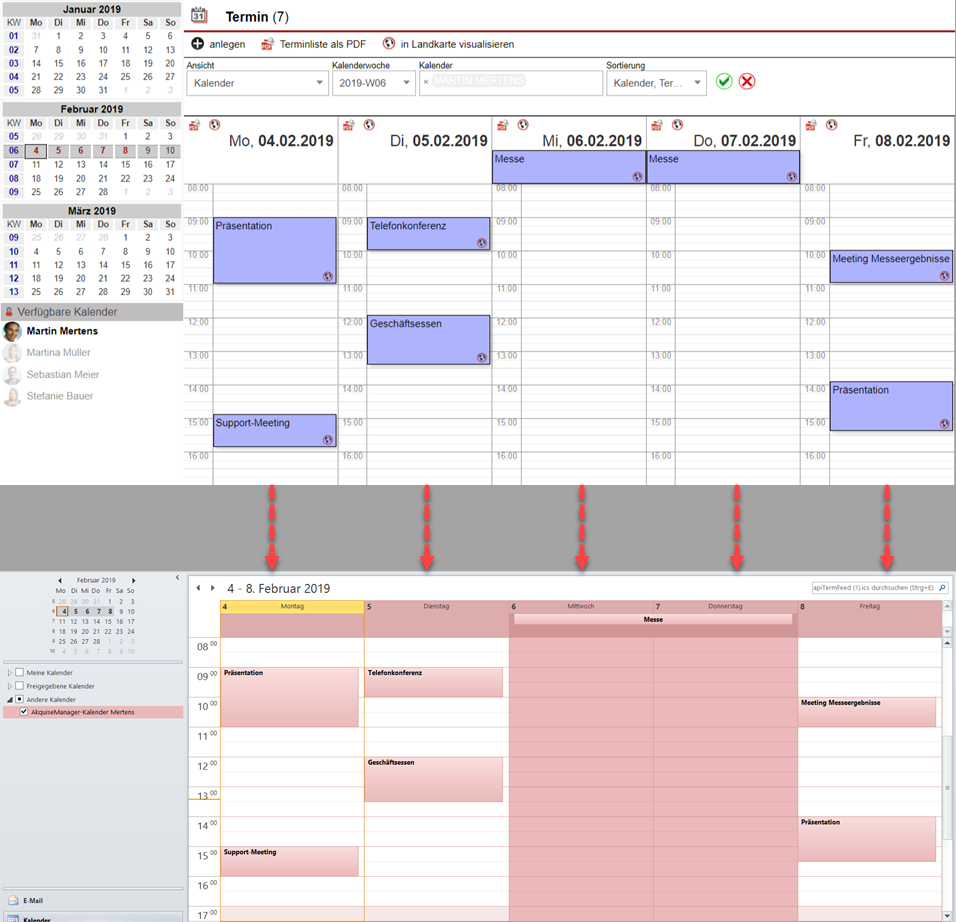 Screenshot-Montage im AkquiseManager eingetragener Termine, die ebenfalls in Outlook dargestellt werden