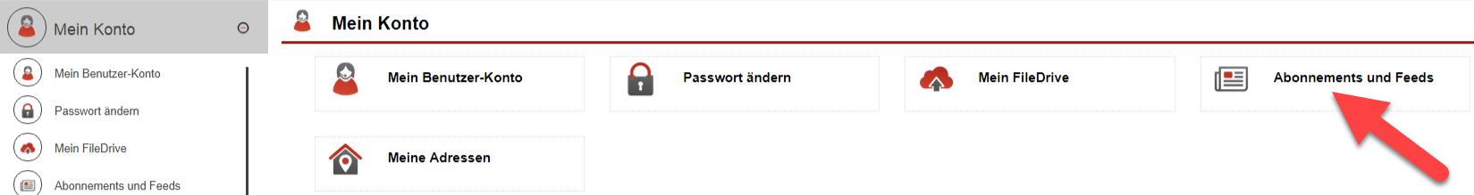 Screenshot des Einstellungsbereichs "Mein Konto" mit Unterpunkt "Abonnements und Feeds"