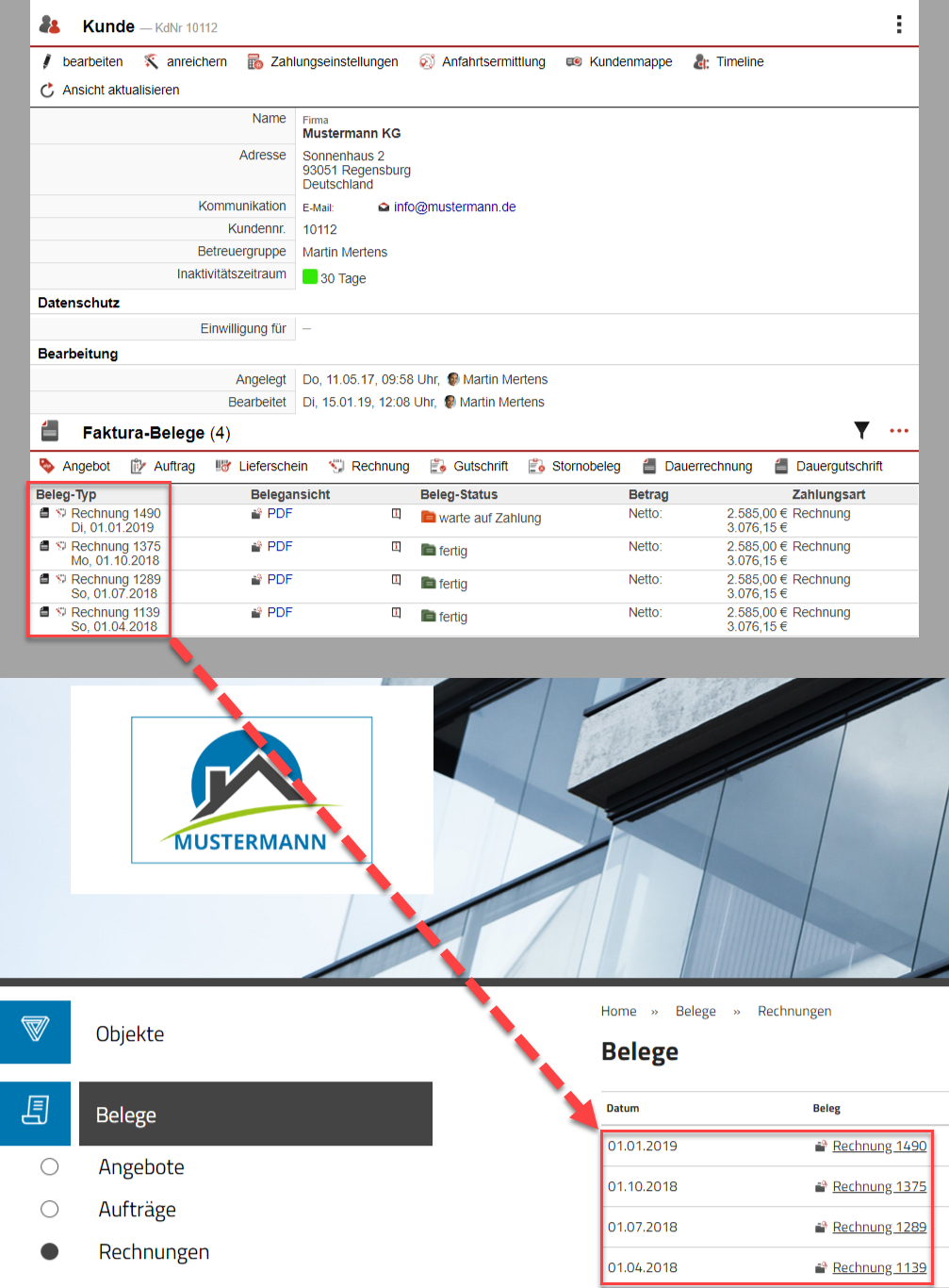 Screenshot-Collage Rechnungsauflistung innerhalb eines Kundendatensatzes, die dann auch im Doku365-Front-End-Account ersichtlich sind