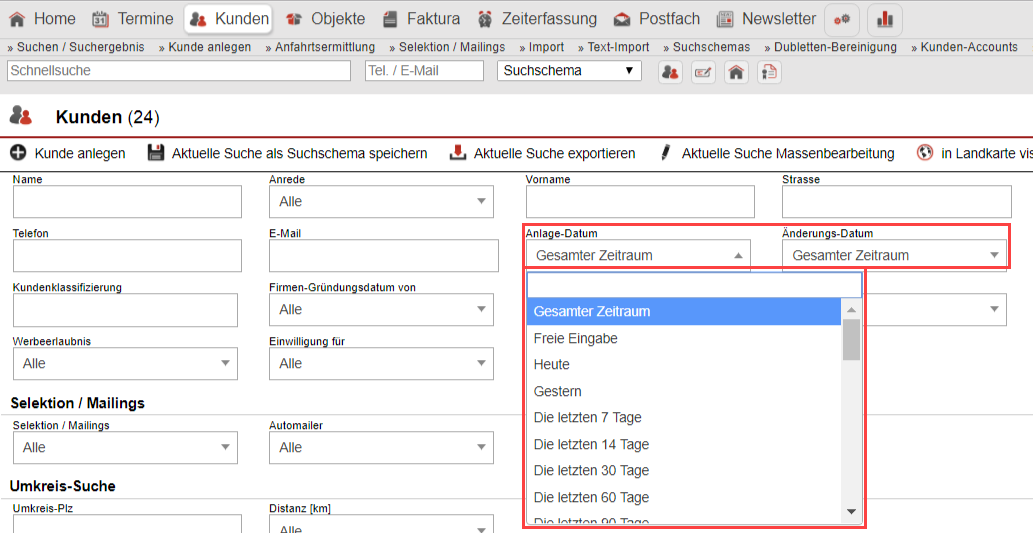 Screenshot Filter in der Kunden-Suche-Maske mit Markierung der Filterkriterien "Anlage-Datum" und "Änderungs-Datum"