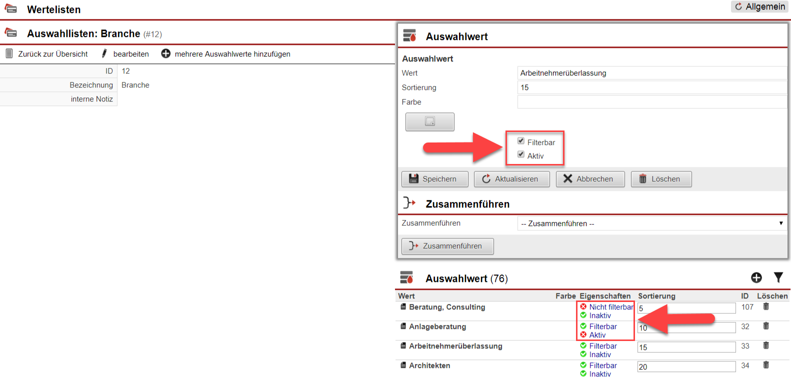 Screenshot Einrichtungsbereich einer Werteliste mit geöffnetem Berarbeitungsbereich eines Werts und Übersichtsmaske der Auswahlwerte mit verschiedenen Markierungen.