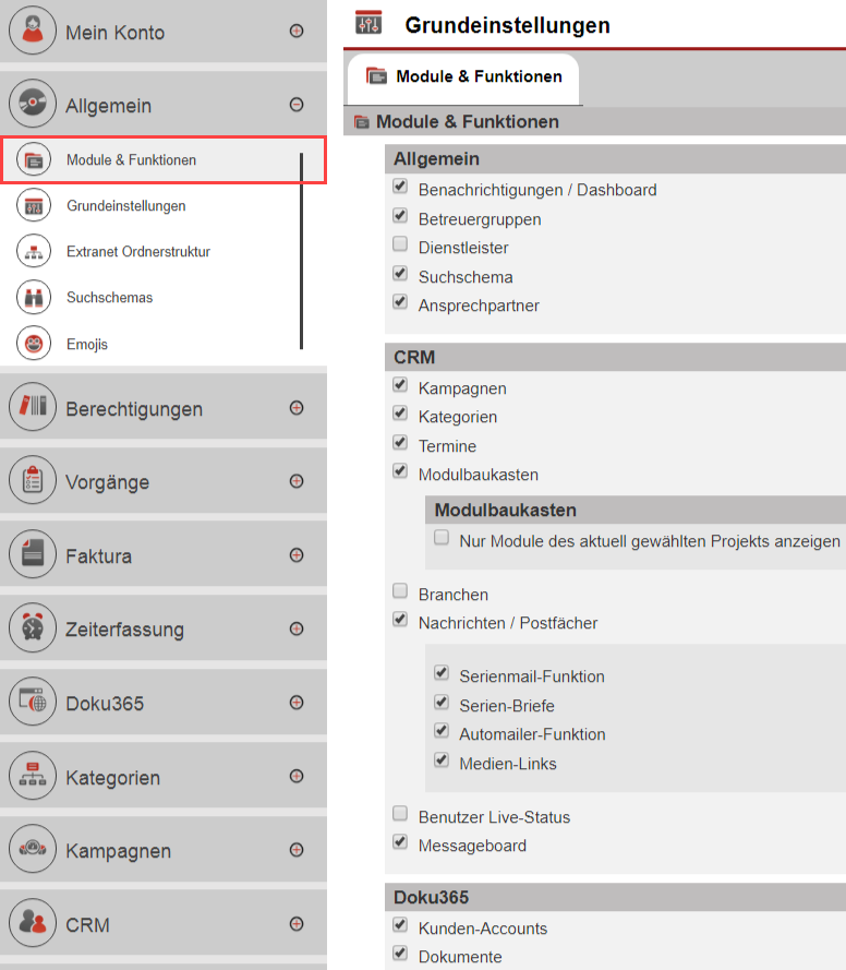 Screenshot des neuen und eigenständigen Einstellungsmenüs "Module & Funktionen"