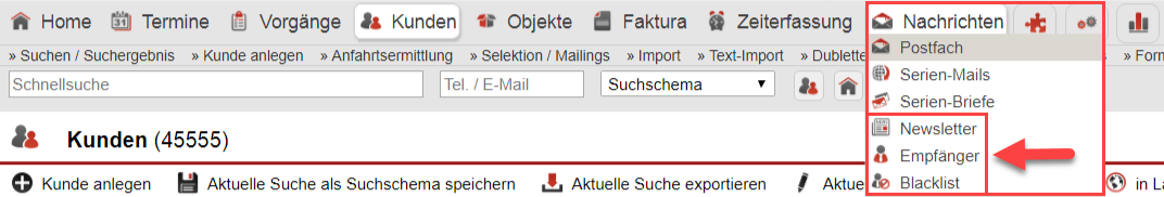 Screenshot des markierten Hauptmenüpunkts "Nachrichten" mit Inhalt