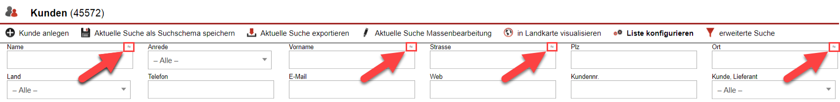 Screenshot Kundensuchmaske mit markierten Filterkriterien, die für die und/oder-Suche geeignet sind