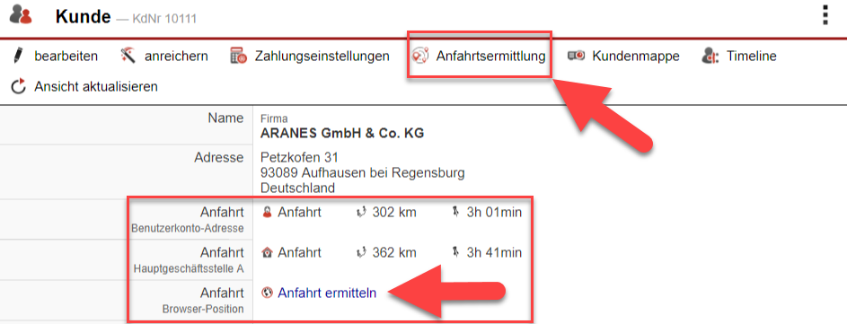 Screenshot Kundendatensatz mir Markierung verschiedener Punkte für den Abruf von Anfahrtsinformationen