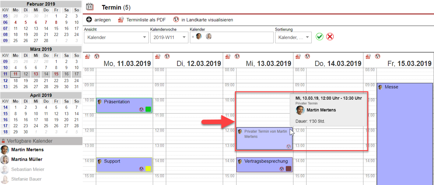 Screenshot AkquiseManger-Kalender mit markiertem privatem Termineintrag