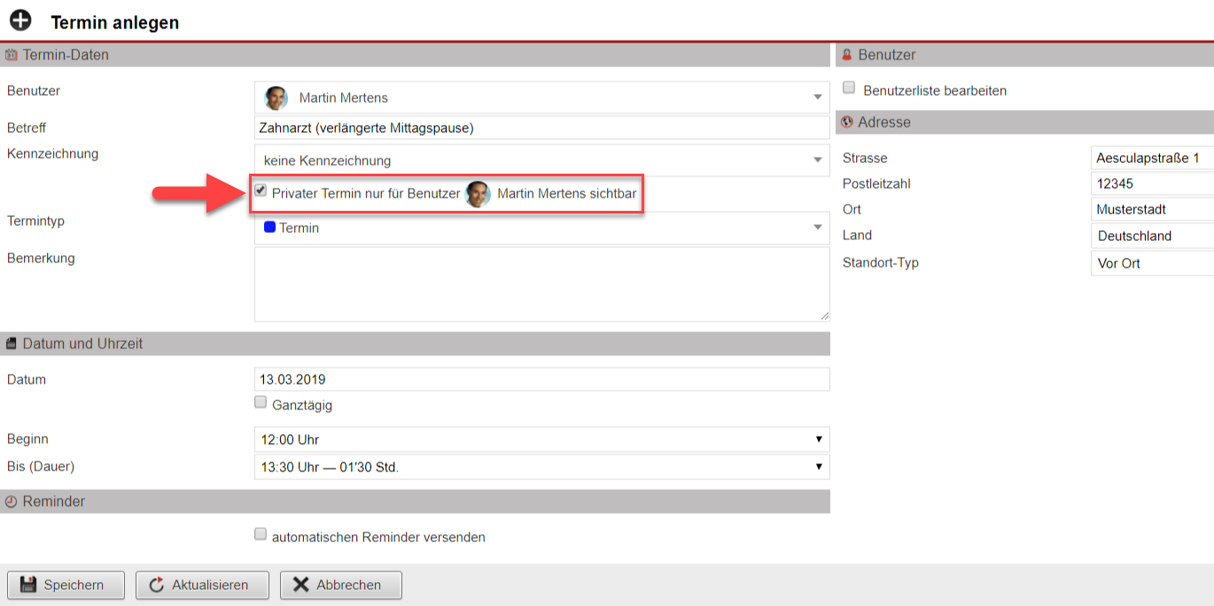 Screenshot Termineingabemaske mit markierter Option zum Einstellen als privaten Termin