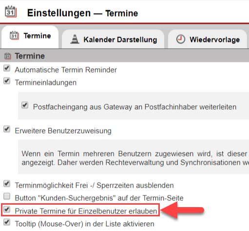 Screenshot der Maske "Termineinstellungen" mit markierter Option zum für die Aktivierung der Funktion "Private Termine für Einzelbenutzer erlauben"