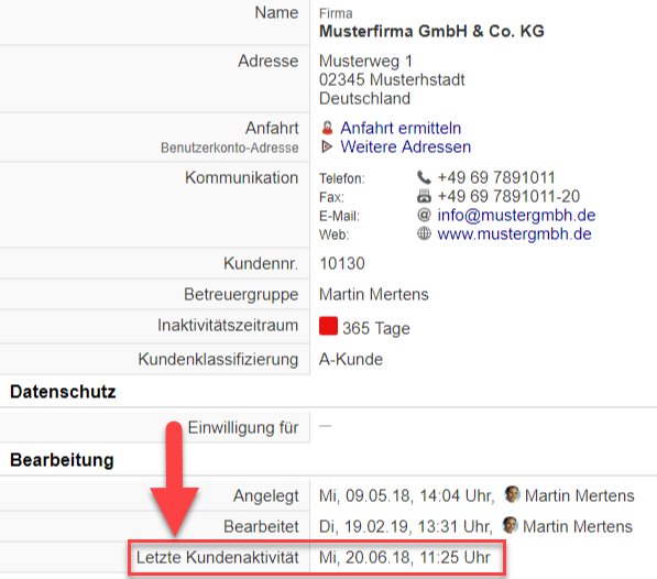 Screenshot Kundenstammdatenmaske mit markierter Anzeige der letzten Kundenaktivität