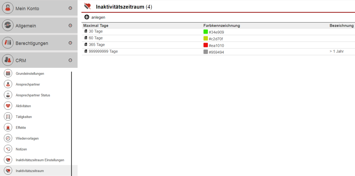 Screenshot Einstellungsmaske für Inaktivitätsintervalle und deren Farbcodierungen