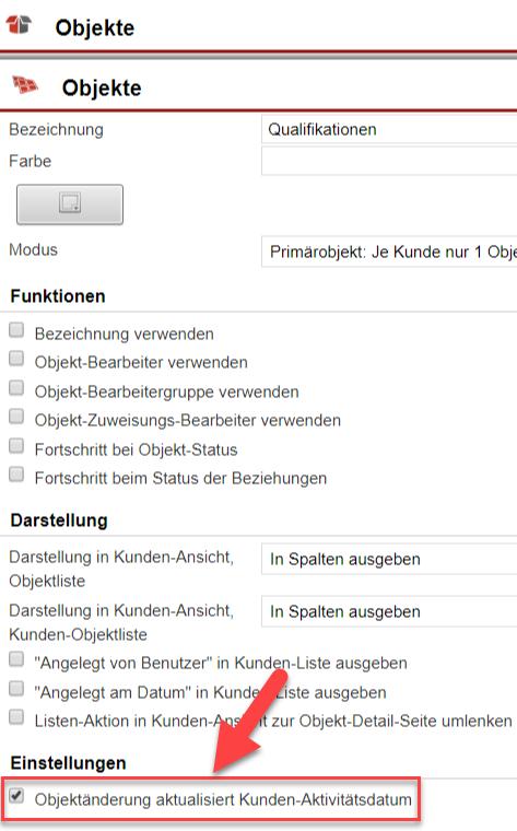 Screenshot der Grundeinstellungsmaske eines Objekts mit Markierung der Option "Objektänderung aktualisiert Kunden-Aktivitätsdatum"