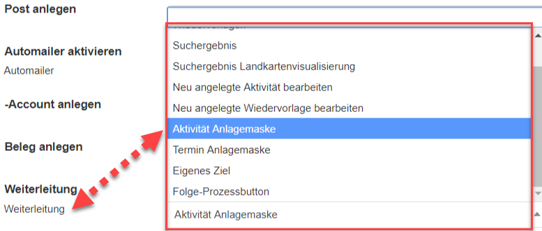 Screenshot Einstellungsbereich für Weiterleitungen bei Prozess-Buttons