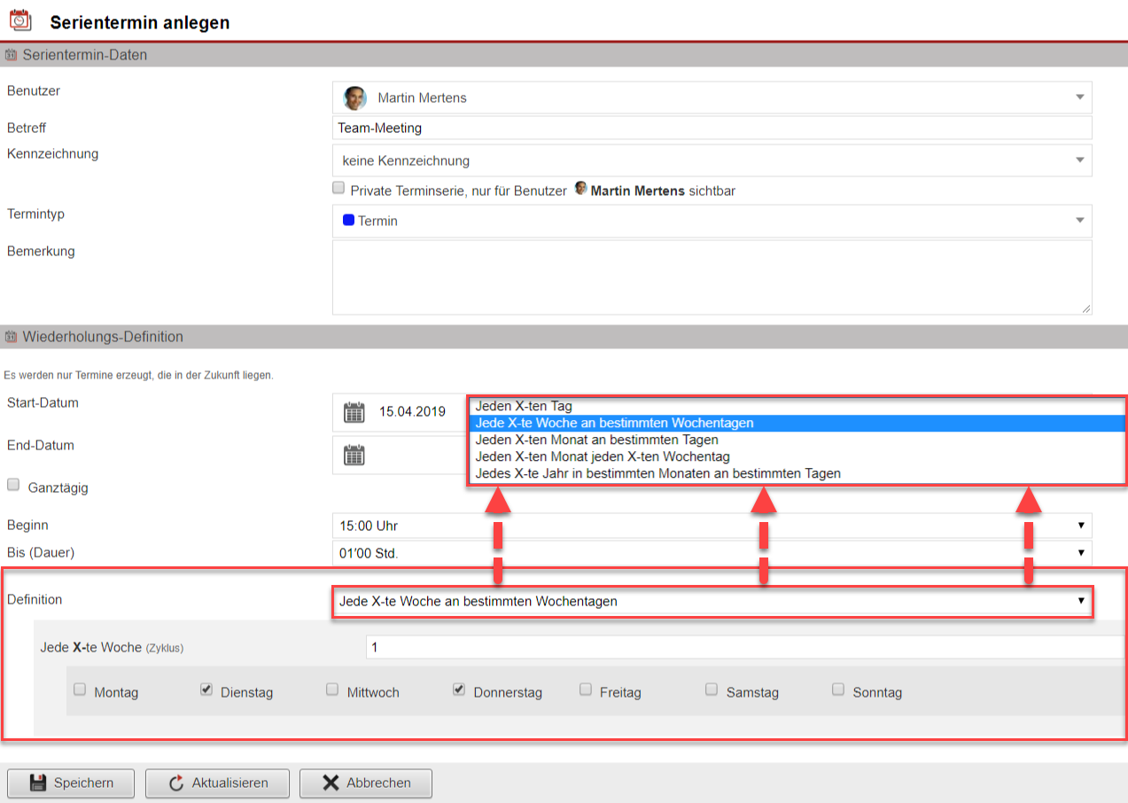 Screenshot der Anlagemaske eines Serientermin mit verschiedenen Markierungen