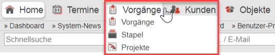 Screenshot des Menüpunkts "Vorgänge"