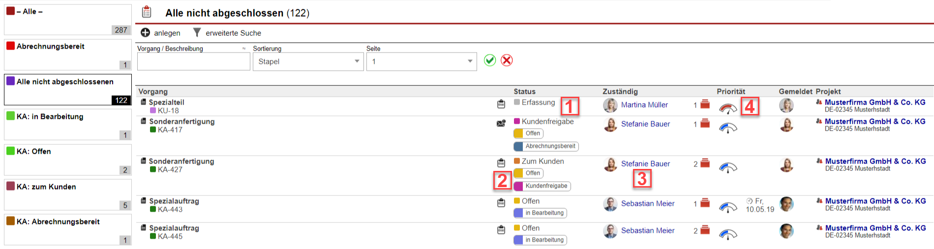 Screenshot der Vorgangsübersicht mit verschiedenen Markierungen