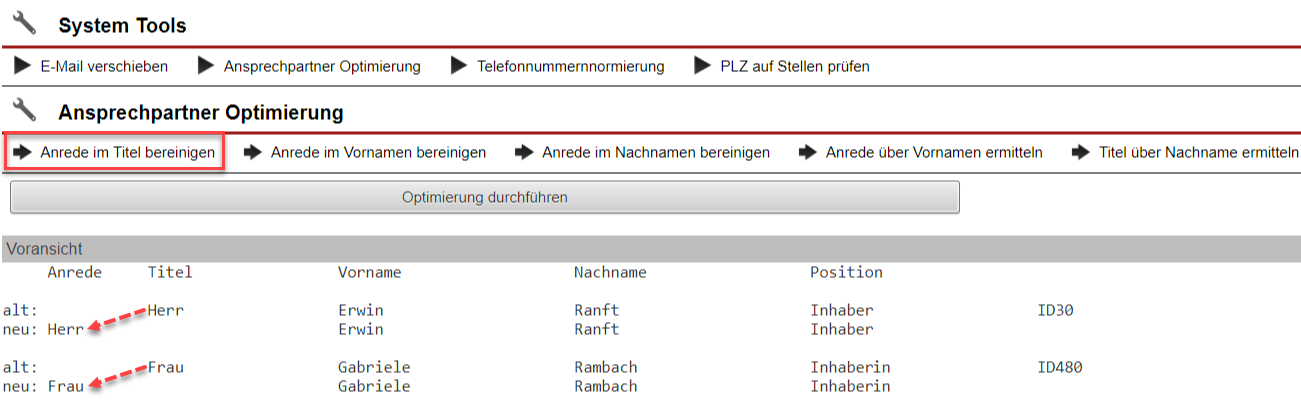 Screenshot der System Tool Maske „Anrede im Titel bereinigen“ mit Markierungen