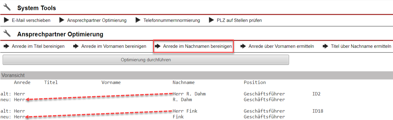 Screenshot der System Tool Maske „Anrede im Nachnamen bereinigen“ mit Markierungen