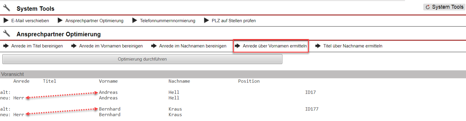 Screenshot der System Tool Maske „Anrede über Vornamen ermitteln“ mit Markierungen