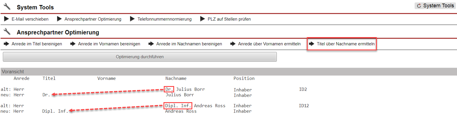 Screenshot der System Tool Maske „Titel über Nachnamen ermitteln“ mit Markierungen