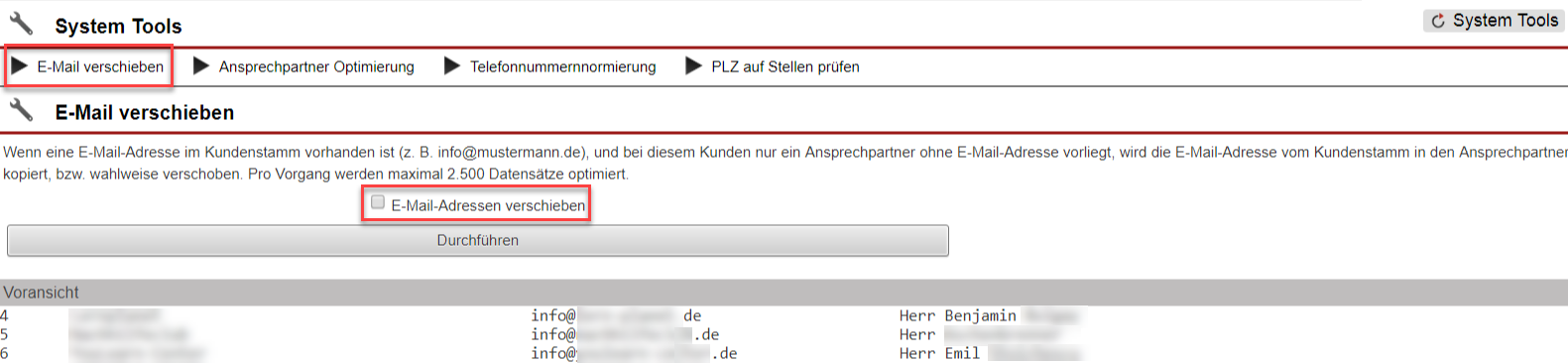 Screenshot der System Tool Maske „E-Mail verschieben" mit Markierungen