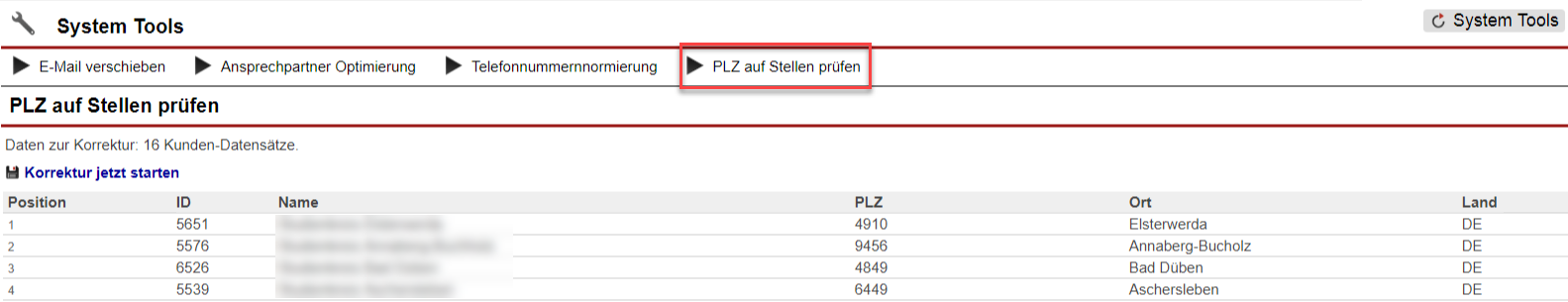 Screenshot der System Tool Maske „PLZ auf Stellen Prüfen“ mit Markierungen