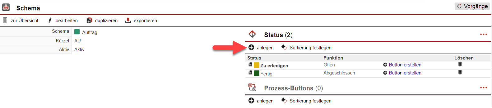 Screenshot Maske zum Bearbeiten eines Schemas mit markierten Bereich "Status"