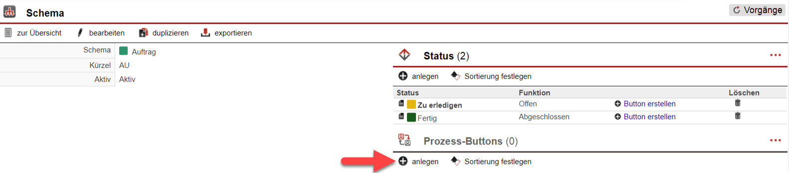 Screenshot Maske zum Bearbeiten eines Schemas mit markierten Bereich "Prozess Button"