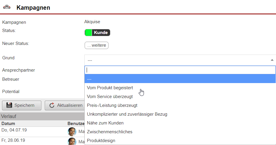 Screenshot der Maske zum Wechseln eines Kampagnen-Status mit geöffnetem Dropdown-Menü zur Auswahl eines Win-Grundes