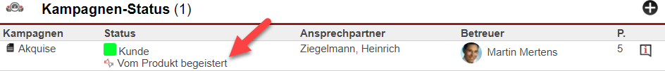 Screenshot Kampagnen-Status-Anzeige innerhalb eines Kundendatensatzes mit markierter Anzeige des Win-Grunds darunter.