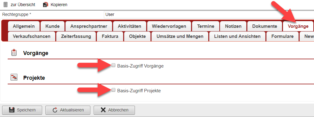 Screenshot Einstellungsmaske einer Rechtegruppe mit Markierungen hinsichtlich der Einstellungen für Vorgänge