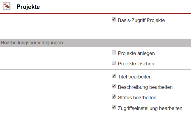 Screenshot der Rechteeinstellungen für Projekte