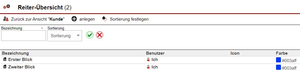 Screenshot der Übersichtsmaske angelegter Reiter