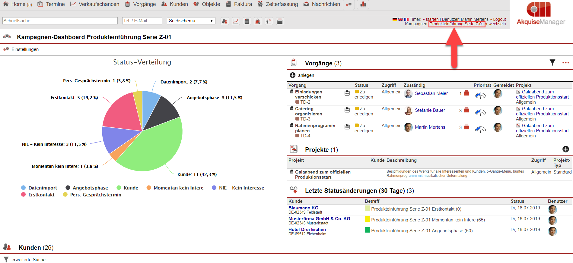 Screenshot des Kampagnen-Dashboards mit Markierung