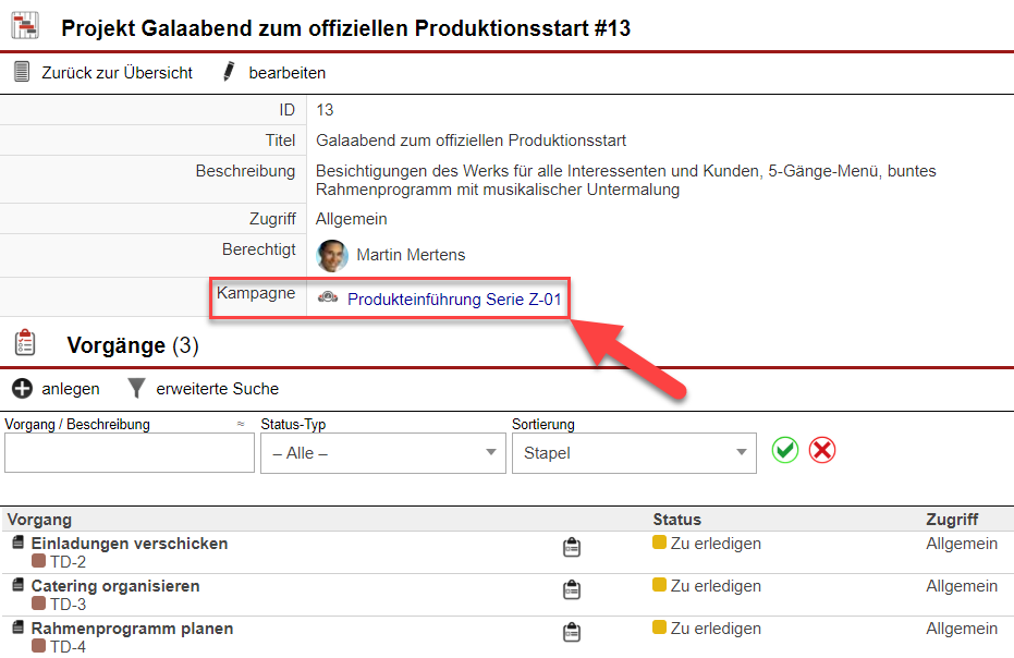 Übersichtsmaske eines Projekts mit markierter Anzeige, zu welcher Kampagne es gehört