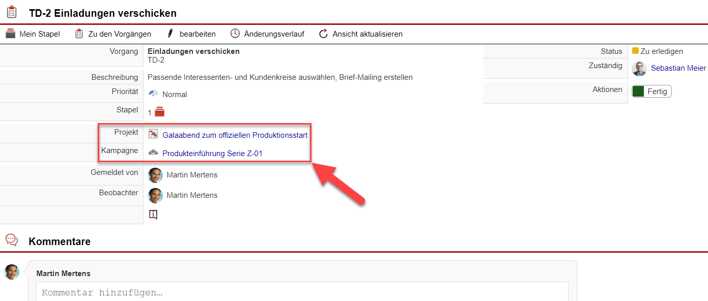 Screenshot eines geöffneten Vorgangs mit markierter Anzeige, zu welchem Projekt er gehört und mit welcher Kampagne er verknüpft ist"