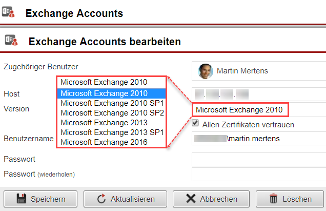 Screenshot der Anlagemaske für die Verknüpfung zu einem Exchange Account