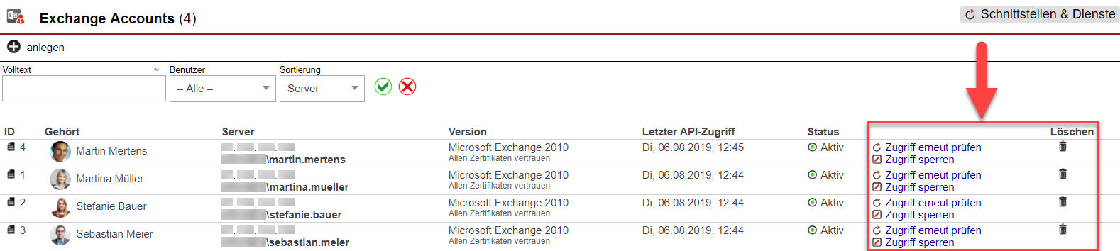 Screenshot der Übersichtsmaske aller mit AkquiseManager-Nutzern verknüpften Exchange-Accounts