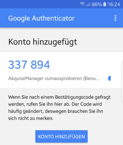Screenshot Fenster zum Generieren von Zahlencodes im "Google Authentificator"