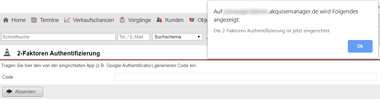 Screenshot der Eingabemaske für den zweiten Faktor der 2FA