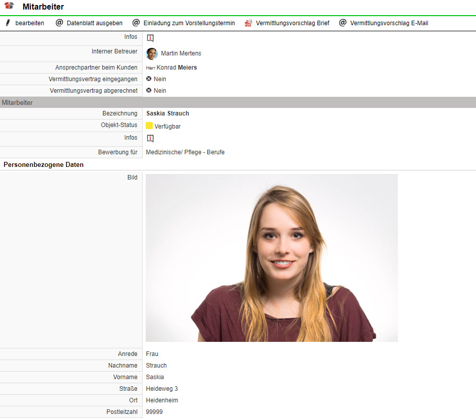 Screenshot eines als Objekt angelegten Lebenslaufs einer Vermittlungskandidatin einer Personalagentur