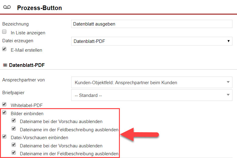 Screenshot des Einstellungsbereichs eines Objekt-Prozess-Buttons zum Ausgeben eines Objekt-Datenblattes