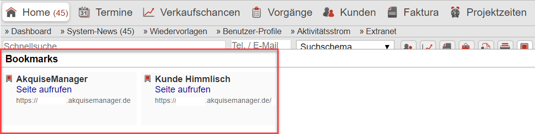 Screenshot: Anzeige der Bookmarks