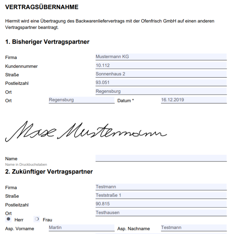 Screenshot eines als PDF ausgegebenen und unterschriebenen Doku-365-Formulars