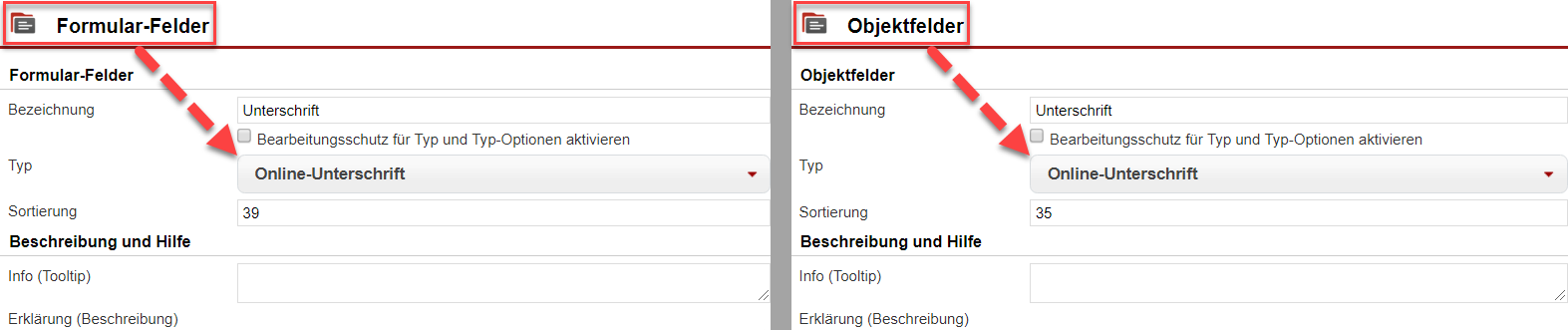 Screenshots der Masken zum Einrichten eines Online-Unterschriftsfelds in Formularen und Objekten